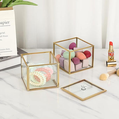 Hipiwe Glass Qtip Holder Dispenser with Lid 2-Tier Stackable Bathroom Containers Cotton Ball & Swab Holder Vanity Organizer Jars Gold for Makeup Pads