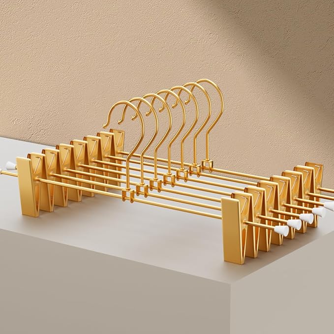 Gold Aluminum Pants Hangers,Hangers with 2-Adjustable Clip,Solid Skirt Hangers Space Saving Hanging Clothes Hangers Metal Rack for Trouser