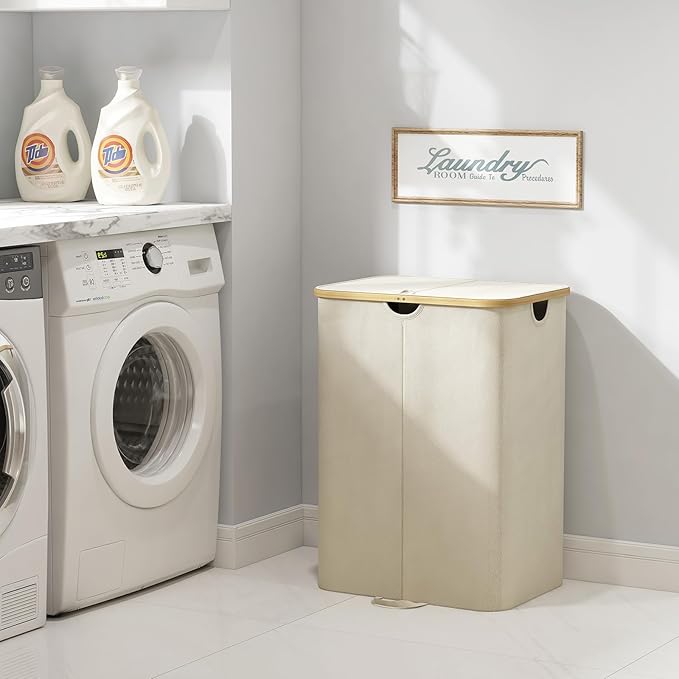 Lifewit 150L Double Laundry Hamper with Lid, Large Laundry Basket with Removable Bag & Bamboo Handles, Fodable Tall Dirty Clothes Hamper for Laundry Collapsible Bin for Bathroom Bedroom Dorm, Beige