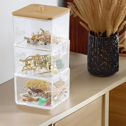 Clear Bathroom Dresser Organizer 3 Compartment with 1 Lid, Transparent Hair Accessories Organizer, Cotton Ball and Swab Holder, Small Plastic Storage Containers Vanity Makeup Organization (Wood Lid)