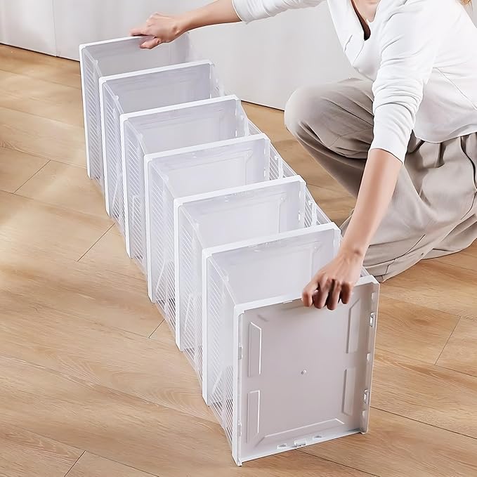 GUDEMAY Drop Front Shoe Storage Box, No Assembly Stackable Shoe Organizer Storage Bin with Door, Free Standing Shoe Shelf Cabinet with Lid, Plastic Shoe Rack for Closet Entryway