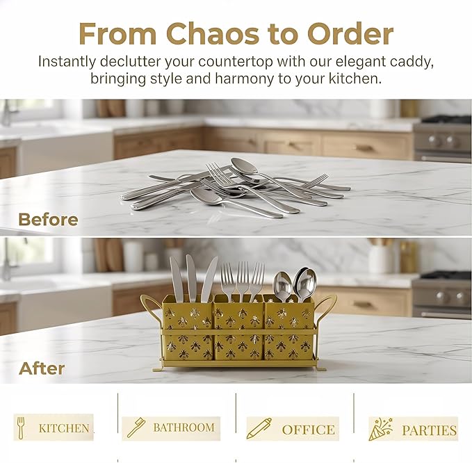 Silverware Caddy with Bee Design, 3 Compartment Metal Utensil Holder with Handles,Silverware Holder for Party Countertop, Kitchen, Outdoor, Cutlery Holder Organizer for Spoon Fork,Gold
