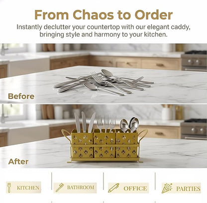 Silverware Caddy with Bee Design, 3 Compartment Metal Utensil Holder with Handles,Silverware Holder for Party Countertop, Kitchen, Outdoor, Cutlery Holder Organizer for Spoon Fork,Gold