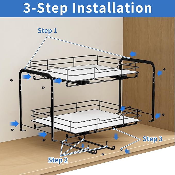 BOIVSHI 2-Tier Pull Out Spice Rack, Spice Rack Organizer, Pull Out Spice Racks for Inside Cabinets, Height Adjustable Heavy Duty Metal Basket for Inside Cabinet & Pantry (13.5''Wx10.5''Dx9.5''H)