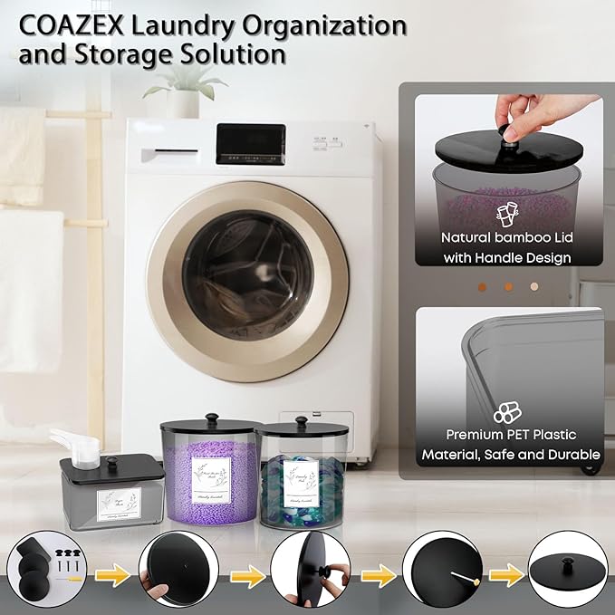 COAZEX 3 Pack Laundry Powder Container & Dryer Sheet Holder, Plastic Laundry Room Organization and Storage Jars with Lids, Labels & Scoops for Powder, Detergent, Scent Booster (Black)