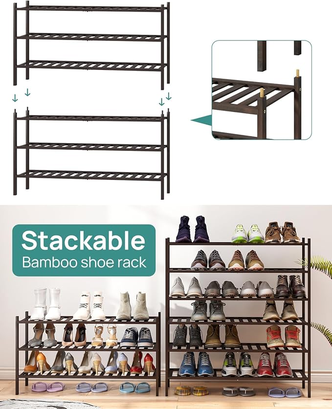 viewcare Long Shoe Rack, Bamboo Wood Shoe Rack for Closet, Entryway & Hallway, 3-Tier Stackable Shoe Shelf