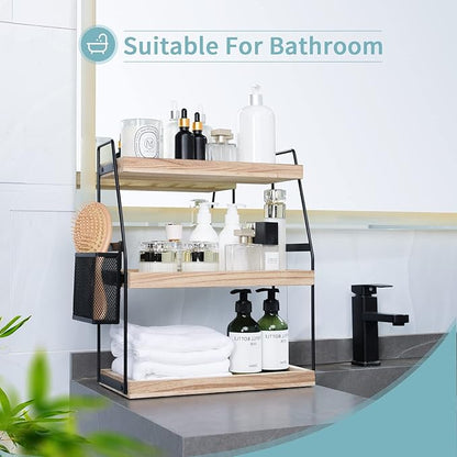 Bathroom Organizer Countertop, 3-Tier Standing Counter Shelf with Basket, Wood Tray for Kitchen Vanity Organizer