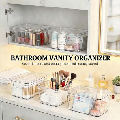 MOONEDGE Small Clear Plastic Storage Bins with Lids and Handles,Stackable Small Item Organizer Containers for Vanity,Craft,Office,Fridge,Kitchen,Pantry,Bathroom,Closet – 2 Pack (10×6×5 in)
