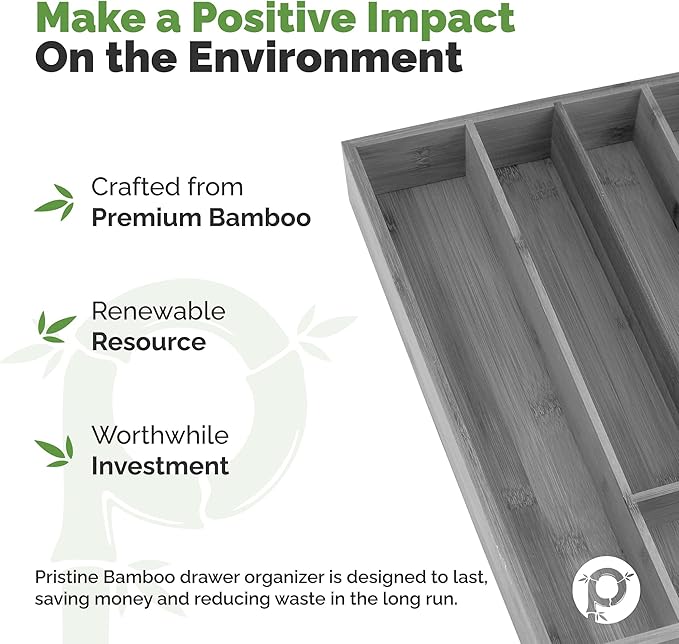 Pristine Bamboo 5-Slot Drawer Organizer - Kitchen and Utensil Organizer - Cutlery Tray - Flatware and Silverware Holder - Gray