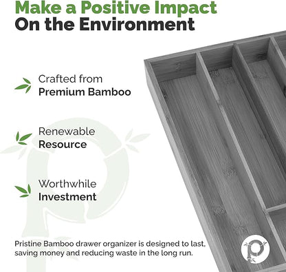 Pristine Bamboo 5-Slot Drawer Organizer - Kitchen and Utensil Organizer - Cutlery Tray - Flatware and Silverware Holder - Gray