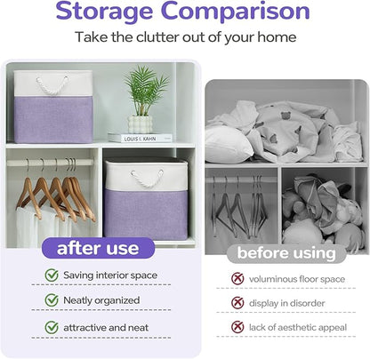 13 x 13 Inch Cube Storage Bins, 6 Pack Fabric Storage Basket with Handles, Foldable Boxes Organizer for Shelf Baskets for Home, Clothes (White/Purple)