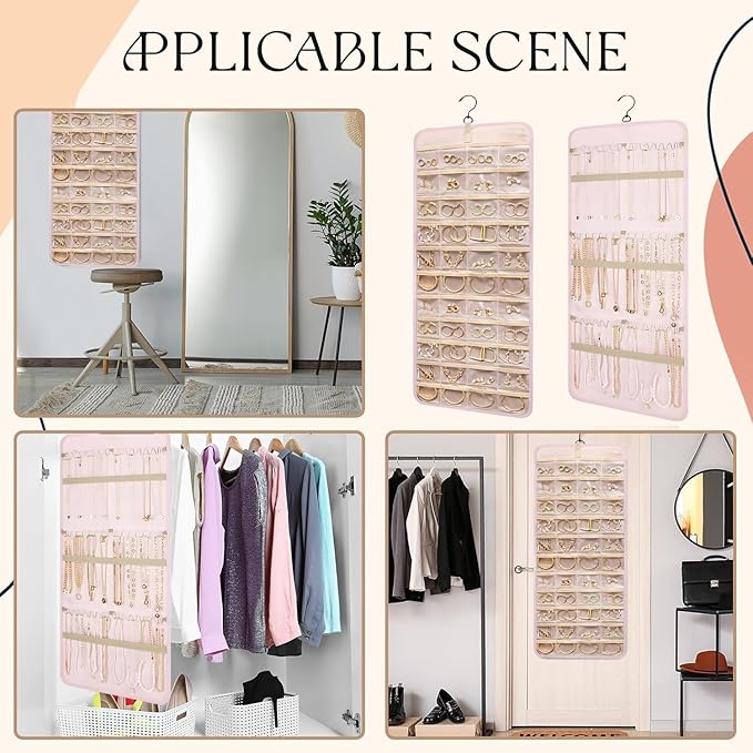 Hanging Jewelry Organizer Storage Roll with Hanger Metal Hooks Double-Sided Jewelry Holder for Earrings, Necklaces, Rings on Closet, Wall, Door,Large 14.17' x 33.07'',pink