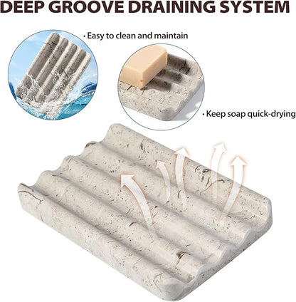 Koville Natural Grey Marble Soap Dish for Shower, Stone Soap Tray for Bathroom, Gray Bar Soap Holder for Sink, Stripe Grooves Soap Saver Stone Dish Keep Bars Dry Easy Clean