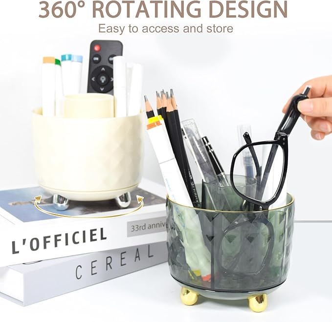 SAYEEC Pen Holder for Desk 6 Slots Rotating Makeup Brush Organizer Toothbrush Hairbrush Holder Versatile Desk Skincare Cosmetic Organizer Pencil Cup Pot Art Supply Caddy for Vanity Office, Dark Green