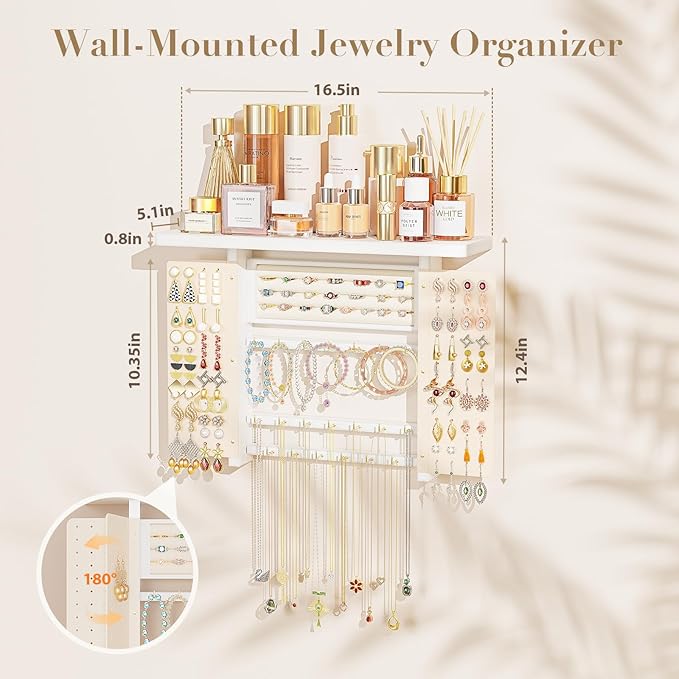 Emfogo Jewelry Organizer Hanging Wall Mounted Jewelry Holder, 5-in-1 Large Capacity Necklace Organizer Wall Hanging Jewelry Display for Ring, Necklaces, Bracelets, Earrings (White)