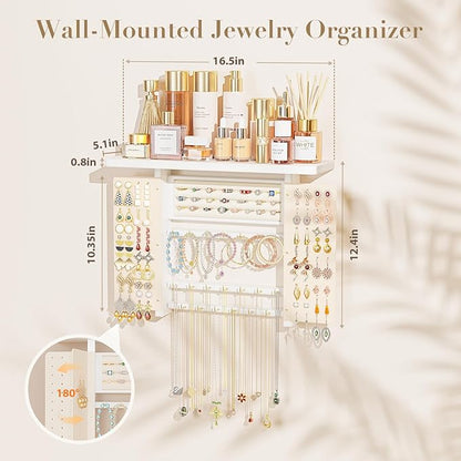 Emfogo Jewelry Organizer Hanging Wall Mounted Jewelry Holder, 5-in-1 Large Capacity Necklace Organizer Wall Hanging Jewelry Display for Ring, Necklaces, Bracelets, Earrings (White)