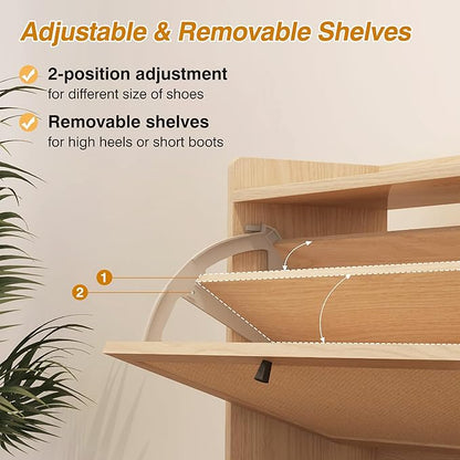 AVZEAR Narrow Shoe Storage Cabinet with 3 Flip Drawers, Freestanding Shoe Organizer Wooden Closed Shoe Rack, Slim Shoe Cabinet Storage for Entryway, Hallway, Living Room (Natural)