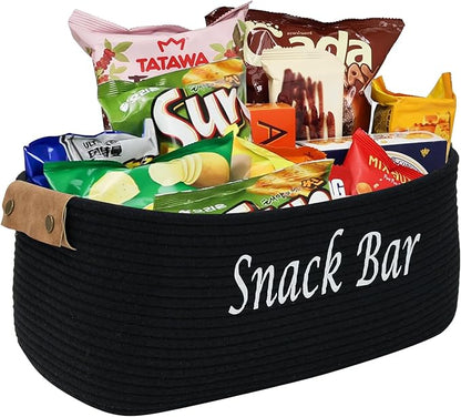 Snack Organizer for Pantry Shelf, Black Cotton Rope Basket with Handles, Snack Bin for Storing Chips, Pretzels, Cookies, Popcorn, Snack Bar Station Kitchen Organization