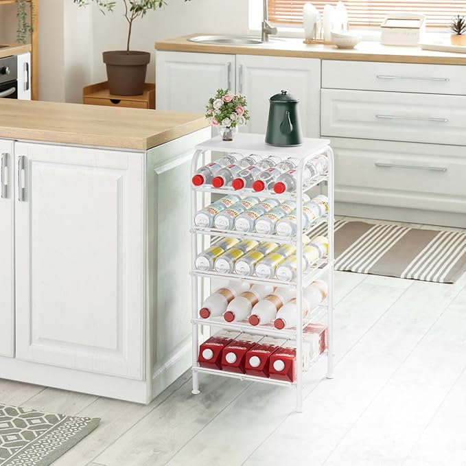 Water Bottle Organizer 5 Tier Free Standing Water Bottle Storage Rack Metal Water Bottle Rack Shelf Large Capacity Bottled Water Holder Beverage Soda Drink Stand for Kitchen Pantry Office,White