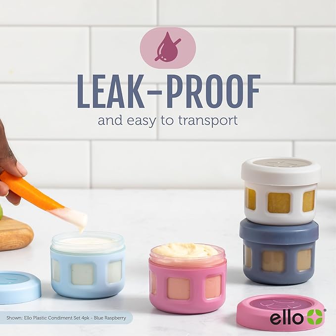 Ello Reusable Condiment Containers with Screw-on Leak Proof Lid | Perfect for Salad Dressing Sauce Dips Lunchbox Picnic Travel Bento Box | BPA-Free | Dishwasher Safe