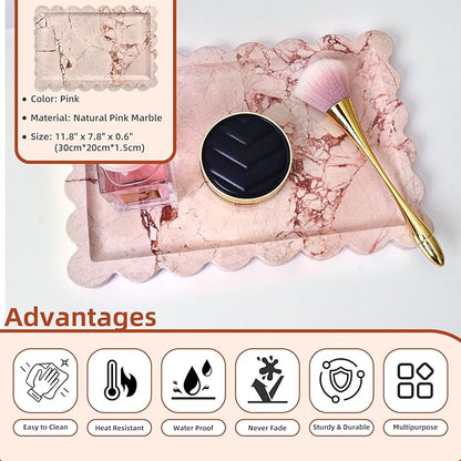 Yew & Tulip Natural Marble Vanity Tray with Scalloped Rim, Nature Rose Pink Luxury Stone Serving Tray for Bathroom, Kitchen, Vanity, Home Decor, Wedding etc. (12"x 8" x 0.6")