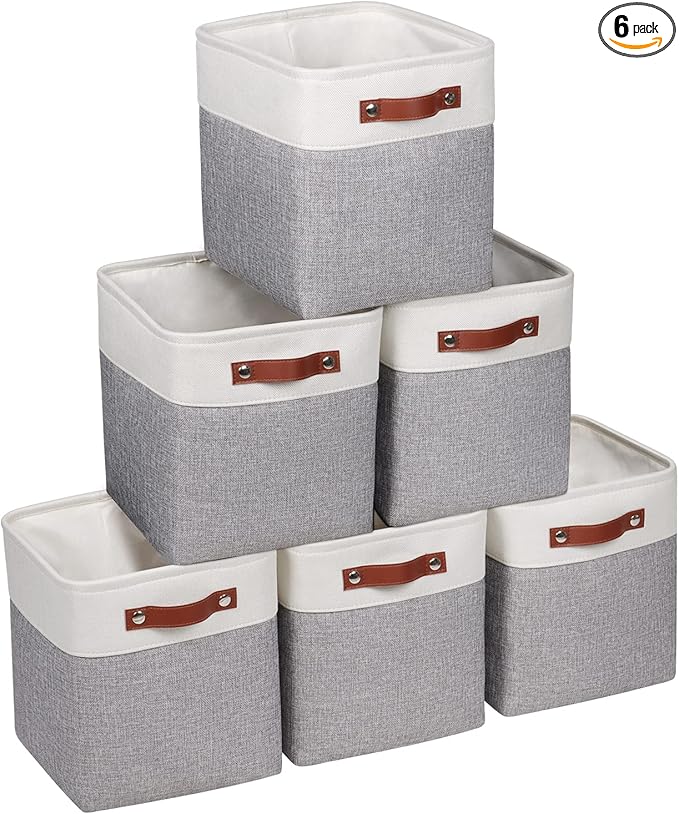 Fabric Storage Cubes 10.5”x10.5”x11” Cube Storage Bins for Closet Organizers and Storage Shelves Foldable Storage Bin with Handles, 6 Pack, Grey, PU Leather Handle