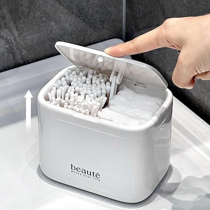 Pop-Up Q-Tip Holder Cotton Pad Dispenser, Wall Mounted or Countertop Bathroom Organizer Box, Automatic Lifting Storage, cotton swab container，Dustproof 4-Grid Vanity Container for Qtip, Floss(White)