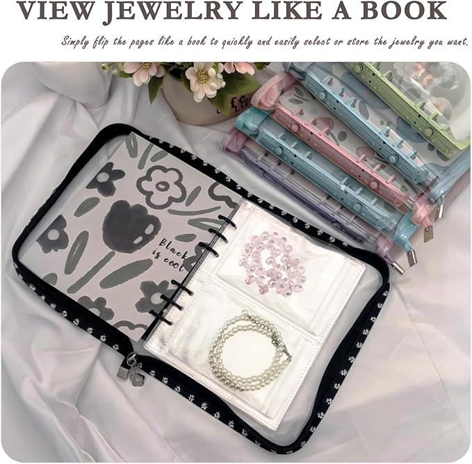 Jewelry Organizer Travel,Jewelry Storage Book with 40 Large PVC pouches,Portable Jewelry Organizer Zipper Bags for Necklaces Bracelet Rings and Earrings (front cover removable),Black