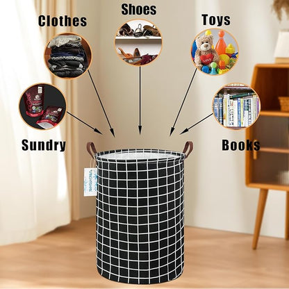 Laundry Basket Canvas Fabric Collapsible Organizer Basket for Storage Bin Toy Bins Gift Baskets Bedroom Clothes Children Nursery Hamper (Black Grid)