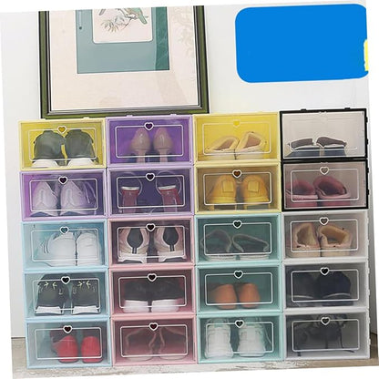 TOYANDONA 6Pcs Plastic Drawer-type Shoes Storage Boxes for Women Transparent Heart Pattern Shoe Organizers with Clamshell Lid Stackable and Reinforced Design Blue