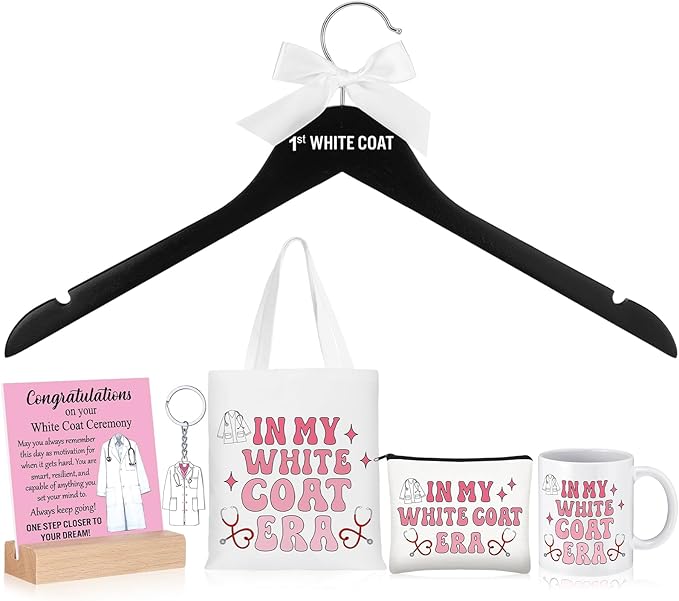 Gerrii 6 Pcs White Coat Ceremony Gifts for Women Medical Student Include First White Coat Hanger Mugs Pink Tote Bag Makeup Bag Keychain Ceremony Sign for Med School Pharmacist New Doctor