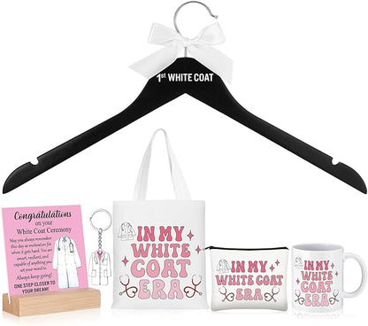 Gerrii 6 Pcs White Coat Ceremony Gifts for Women Medical Student Include First White Coat Hanger Mugs Pink Tote Bag Makeup Bag Keychain Ceremony Sign for Med School Pharmacist New Doctor