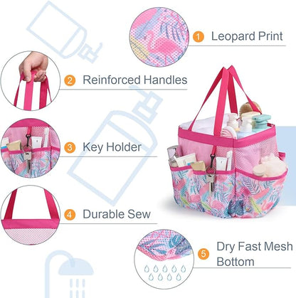 F-color Shower Caddy Portable - Mesh Shower Bag Basket Tote for College Dorm Room Essentials Bathroom Gym Camp Quick Dry for Women Men with S Hook, Pink Flamingo