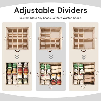 Shoe Storage Organizer 2 Pack with Clear Cover and Adjustable Dividers – Fabric Shoe Organizer for Closet Fits 16-32 Pairs, Space-Saving Shoe Organizer Box, Dustproof & Reinforced