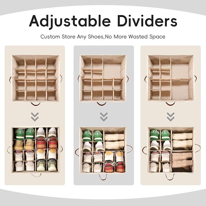 Shoe Storage Organizer 3 Pack with Clear Cover and Adjustable Dividers – Fabric Shoe Organizer for Closet Fits 24-48 Pairs, Space-Saving Shoe Organizer Box, Dustproof & Reinforced