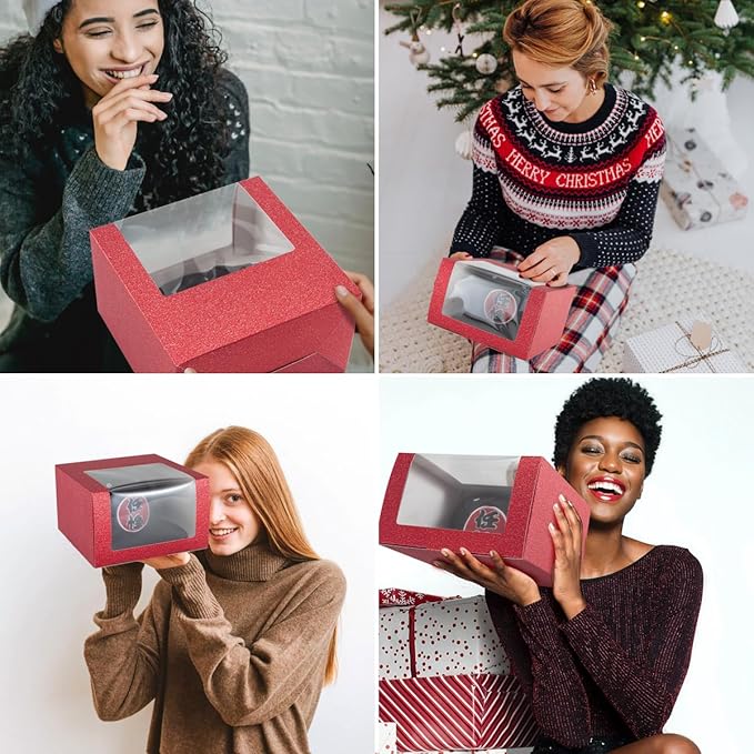 LADYBRO 10 Pack 7.8" x 7.8" x 4.8" Black Gift Boxes with Window Display for Hat Storage Containter for Baseball Caps (Fitted, Snapbacks, Trucker) (Glitter Red, 7.8" x 7.8" x 4.8")