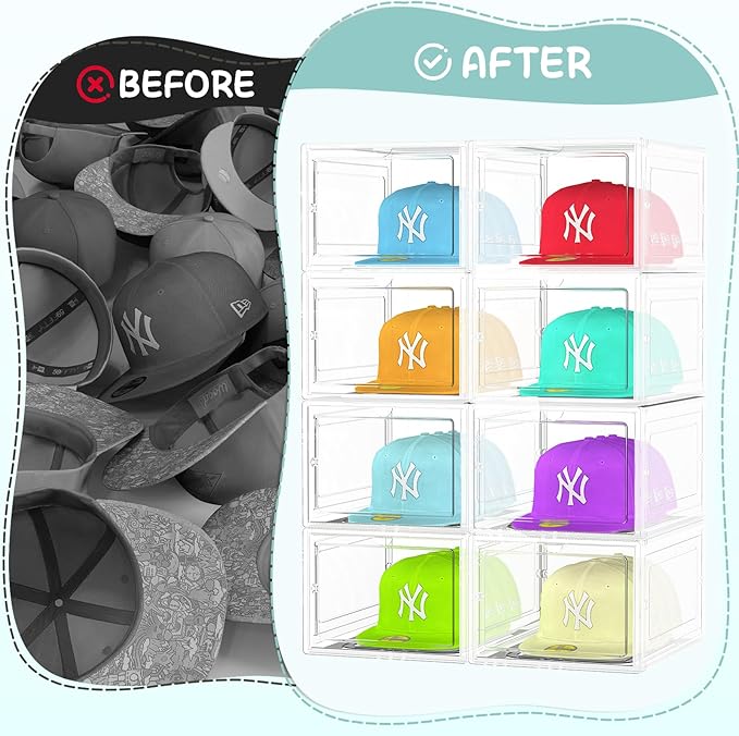 SCAVATA 6 Pack Hat Organizer Box, Stackable Clear Baseball Caps Holder Box Containers with Magnetic Door for Hats Snapback Cap Storag, Hat Rack Display Case, Holds 8 Hats Each (Clear)