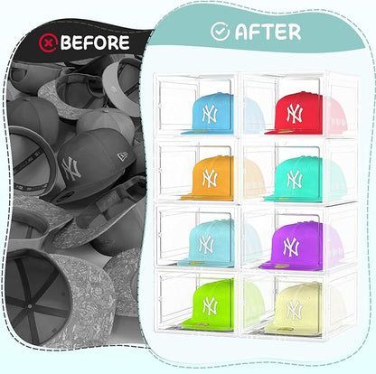 SCAVATA 6 Pack Hat Organizer Box, Stackable Clear Baseball Caps Holder Box Containers with Magnetic Door for Hats Snapback Cap Storag, Hat Rack Display Case, Holds 8 Hats Each (Clear)