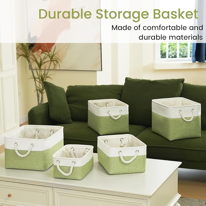 Large Storage Baskets- 15.7x11.8x8.26 inch Storage Bins for Shelves and Closet Organizing, Foldable Fabric Bin for Home Organization Clothes and Laundry (1-Pack, White&Green)