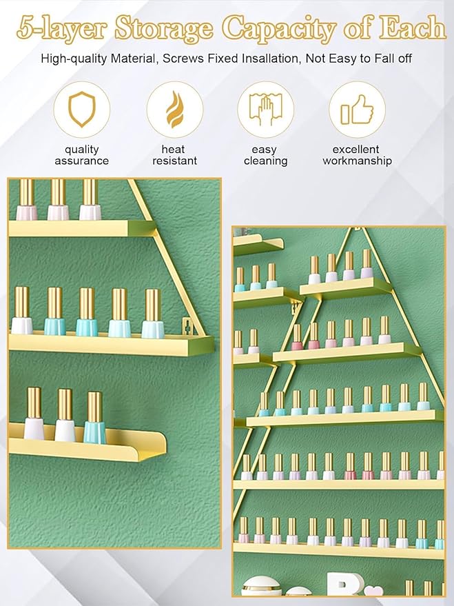 10PCS Metal Wall-mounted Nail Polish Storage Racks, Lorvain 5 Tiers Gold Triangular Display Rack Cosmetic Display Cases Lipstick Perfume Wall Shelf Essential Oil Organizer for Home Spa Nail Salon Shop