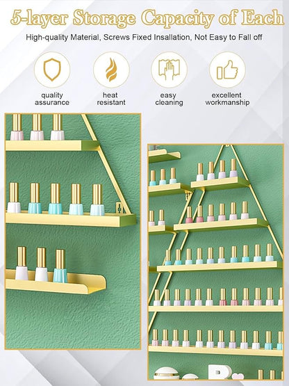 10PCS Metal Wall-mounted Nail Polish Storage Racks, Lorvain 5 Tiers Gold Triangular Display Rack Cosmetic Display Cases Lipstick Perfume Wall Shelf Essential Oil Organizer for Home Spa Nail Salon Shop
