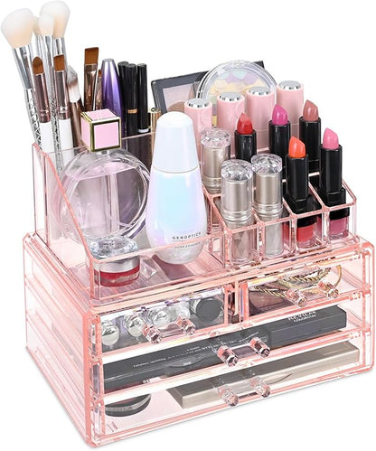 Ikee Design Pink Jewelry & Cosmetic Storage Display Boxes Two Pieces Set, Pink Cosmetic Jewelry Organizer Makeup Holder, Organizer for Vanity