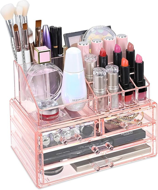 Ikee Design Pink Jewelry & Cosmetic Storage Display Boxes Two Pieces Set, Pink Cosmetic Jewelry Organizer Makeup Holder, Organizer for Vanity