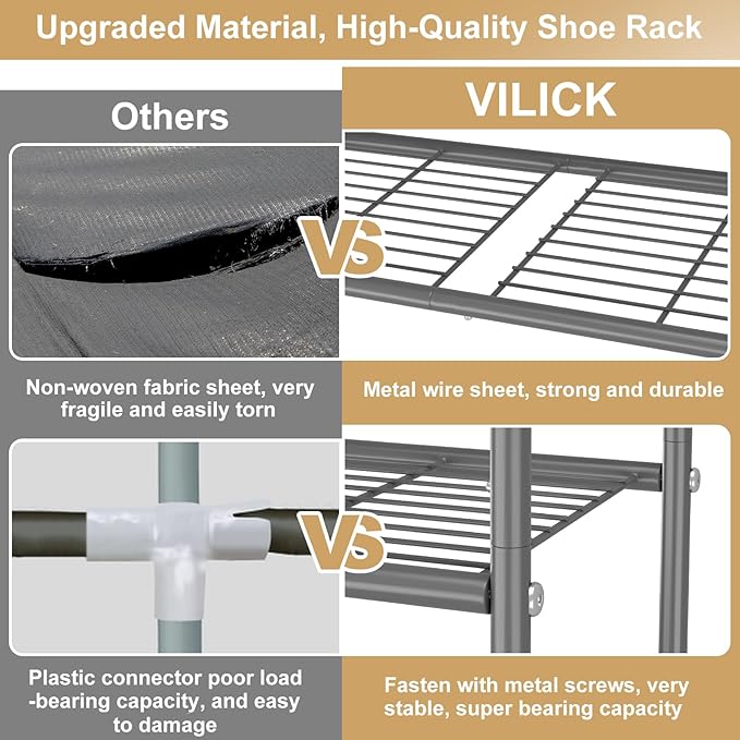 VILICK 3 Tier Shoe Rack 33" Wide Metal Shoe Organizer Long Shoe Storage with 4 Side Hooks Sturdy Shoes Shelf for Front Door Entrance, Closet, Garage, Dorm, Grey
