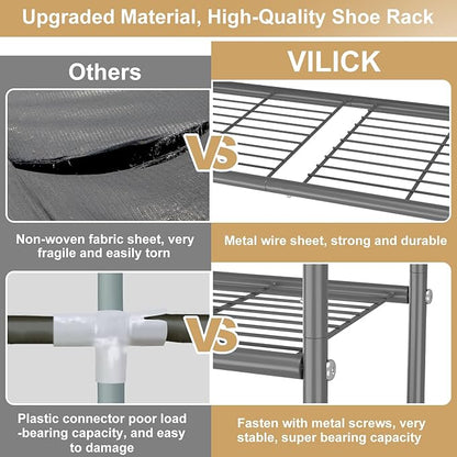 VILICK 3 Tier Shoe Rack 33" Wide Metal Shoe Organizer Long Shoe Storage with 4 Side Hooks Sturdy Shoes Shelf for Front Door Entrance, Closet, Garage, Dorm, Grey