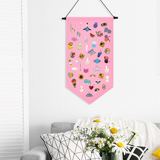 Kunyeah Wall Hanging Brooch Organizer Storage Case Colorful Canvas Pin Board Stand Enamel Pin Badge Hanging Holder Display Banner Earrings Collection Holder - Pins No Included (Pink)