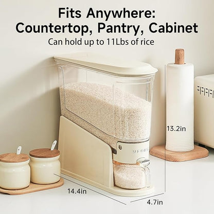 UFORU Rice Dispenser 11Lbs, Slim Rice Storage Container for Small Space, BPA-Free Clear Dry Food Dispenser Sealed Moisture Proof, Grain&Cereal Storage Bucket for Kitchen Pantry Household, Cream White