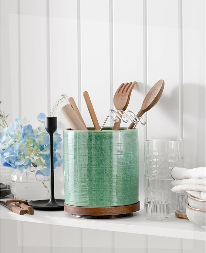 Utensil Holder, 360° Rotating Extra Large Ceramic Kitchen Utensil Holder for Countertop, 7.3“ Cooking Utensil Crocks for Kitchen Counter with Rotatable Wooden Base, Farmhouse Decor, Forest Green
