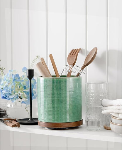 Utensil Holder, 360° Rotating Extra Large Ceramic Kitchen Utensil Holder for Countertop, 7.3“ Cooking Utensil Crocks for Kitchen Counter with Rotatable Wooden Base, Farmhouse Decor, Forest Green