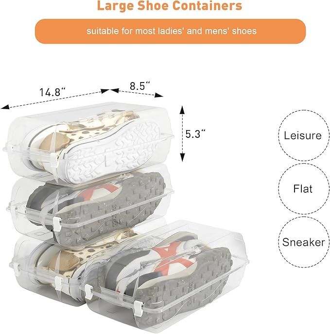 Shoe Organizer for Closet, 4 Pack Plastic Shoe Storage Boxes, Space Saving Stackable Shoe Storage Bins, Sneaker Storage Containers with Clear Lids for Display, White